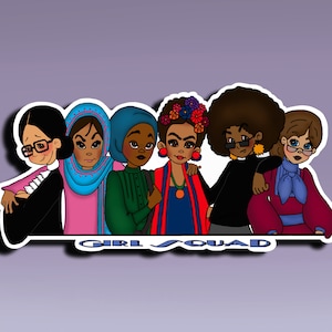 Adesivo - Girl Squad - Ruth-Malala-Harriet-Frida-Angela-SusanB., Adesivo con figura femminile fantastica; Adesivo squadra donna; Adesivo storico delle donne