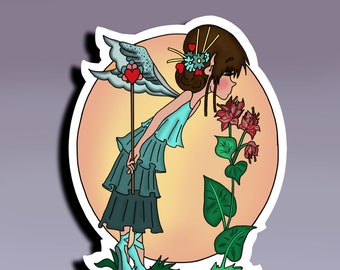 Pegatina - Hada oliendo una flor; Pegatina de hada; Pegatina de hada hermosa; Pegatina de fantasía