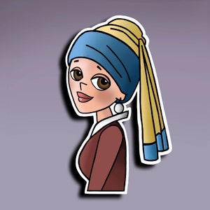 Adesivo - Ragazza con l'orecchino di perla; Ragazza con l'adesivo dell'orecchino; Disegno del personaggio della ragazza con l'orecchino di perla; Adesivo artistico