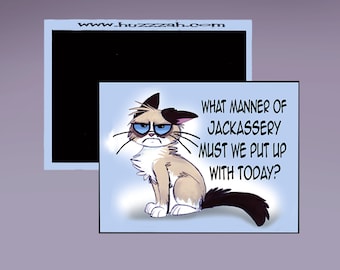 May include: A blue and white square magnet with a cartoon cat with a grumpy expression. The cat is sitting and looking to the left. The text on the magnet reads "What manner of jackassery must we put up with today?"