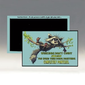 May include: A rectangular magnet with a light blue background featuring an illustration of a raccoon hanging from a tree branch. The text reads: WEEKENDS DON'T COUNT UNLESS YOU SPEND THEM DOING SOMETHING COMPLETELY POINTLESS. The URL www.thesaltychick.com is visible.