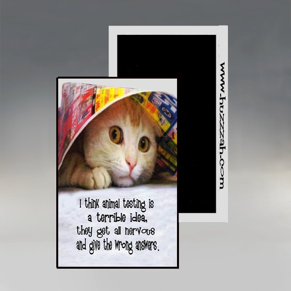 Magnet - I think animal testing is a terrible idea.  They get all nervous and give the wrong answers; Funny cat magnet; Funny magnet