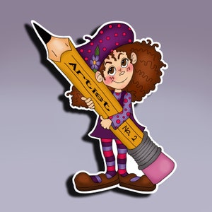 Pegatina - Artista; Chica artista con pegatina de lápiz; Chica con pegatina de lápiz; Mujer artista con pegatina de lápiz; Dibujo Pegatina