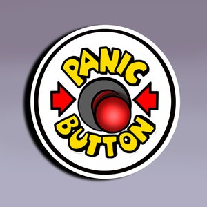 Sticker: paniekknop; Paniekknop 2020; Bewaar onze paniekknop voor het jaar; Hulp! Sticker;