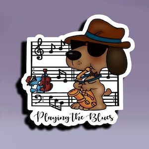 Pegatina - Tocando el blues; Pegatina Interferencia de perros y pájaros; Perro tocando el saxofón; Pegatina; Pegatina de pájaro tocando el violín; Pegatina Música