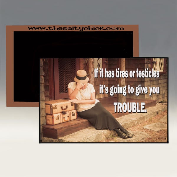 Magnet - If it has Tires or Testicles it is Going to Cause You Trouble; Humorous Magnet; Funny Refrigerator Magnet; Feminist Magnet