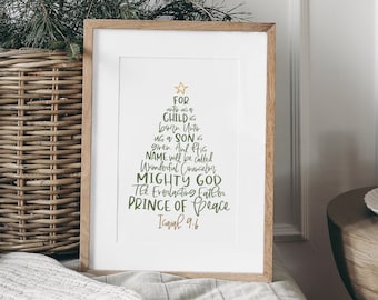 Digital Download, For Unto Us A Child Is Born, Isaiah 9:6 Christmas Home Decor, Christian Christmas Tree Word Art, Instant Download