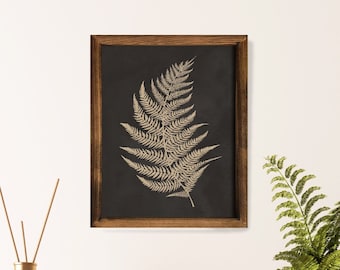 Single Linen Fern Wood Framed Canvas Decor, 8x10 Botanical Walnut Sign, Beige Fern Wall Decor, Fern Plant Framed Canvas