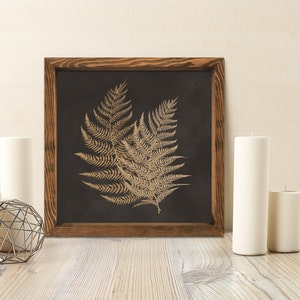Linen Texture Ferns Box Framed Canvas Print, Ferns Wall Sign, Botanical Wall Art, Walnut Framed Plant Sign, Black and Tan Ferns Wood Sign