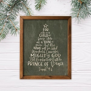 For Unto Us A Child Is Born Wood Framed Canvas Sign, Green Linen Christmas Tree Scripture Word Art, Names Of Jesus, Christmas Wood Decor