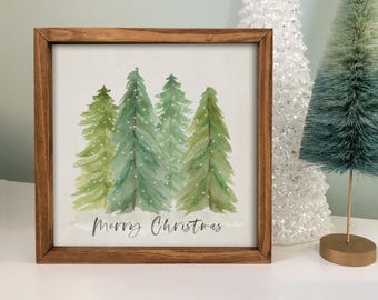 Watercolor Christmas Trees Wood Sign, Christmas Table Decor, Simple Christmas Wall Sign, 6x6, 8x8, 10x10 Framed Canvas Sign