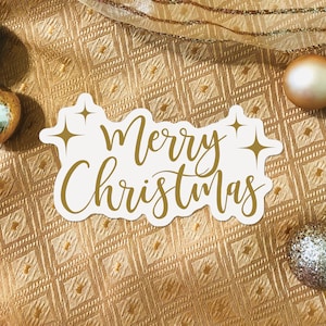 Merry Christmas Vinyl Sticker, Christmas Stocking Stuffer, Gold Lettering Holiday Sticker, Waterproof Sticker