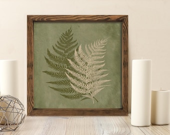 Green Linen Texture Ferns Wood Framed Canvas Print, Pair Of Ferns Wall Sign, Botanical Wall Art, Distressed Fern Sign, Walnut Framed Ferns