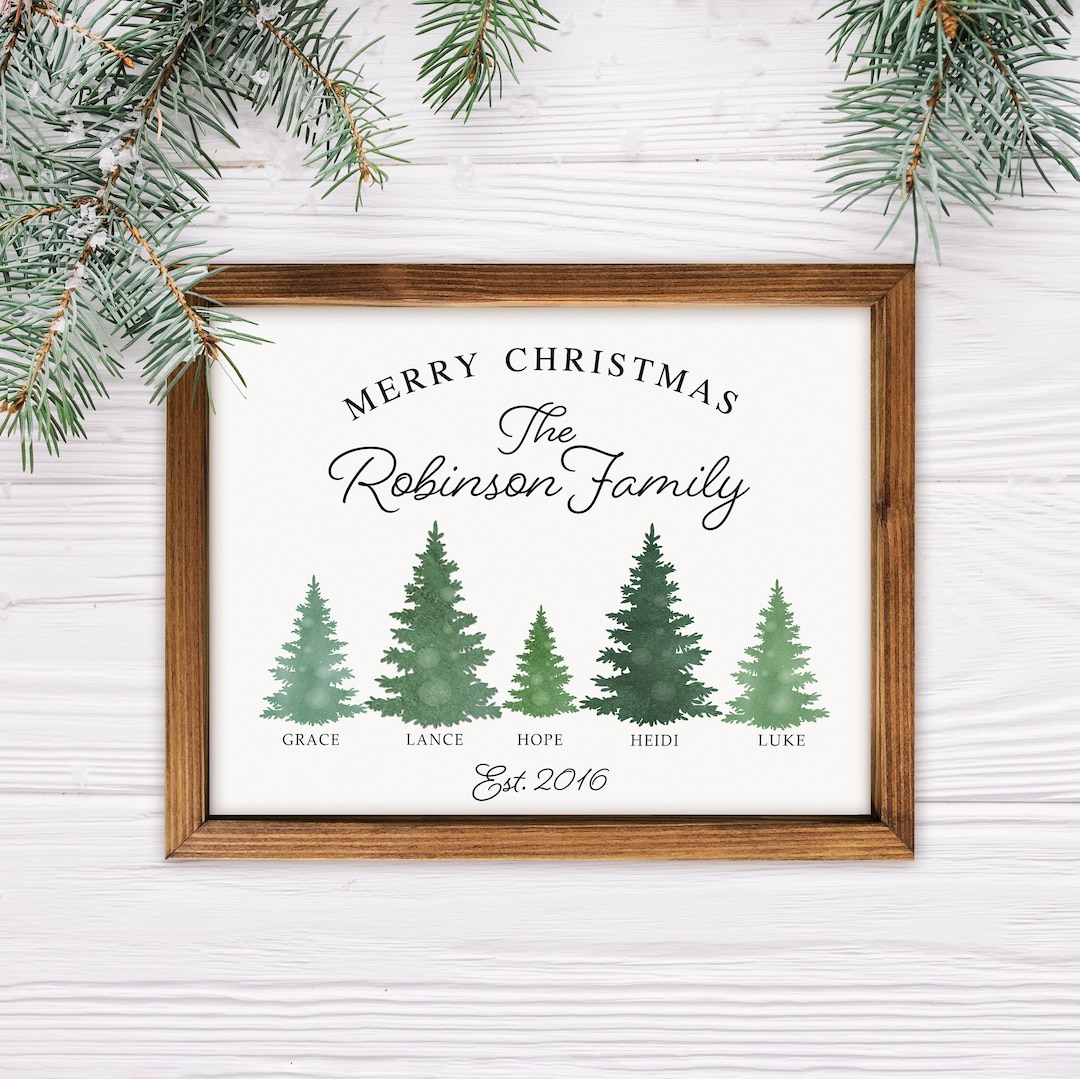 Personalized Christmas Family Trees Wood Sign, Watercolor Christmas