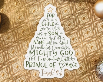 Porque un niño nos ha nacido, pegatina navideña, pegatina con los nombres de Jesús, detalle para la bota navideña, pegatina impermeable con diseño de árbol de Navidad