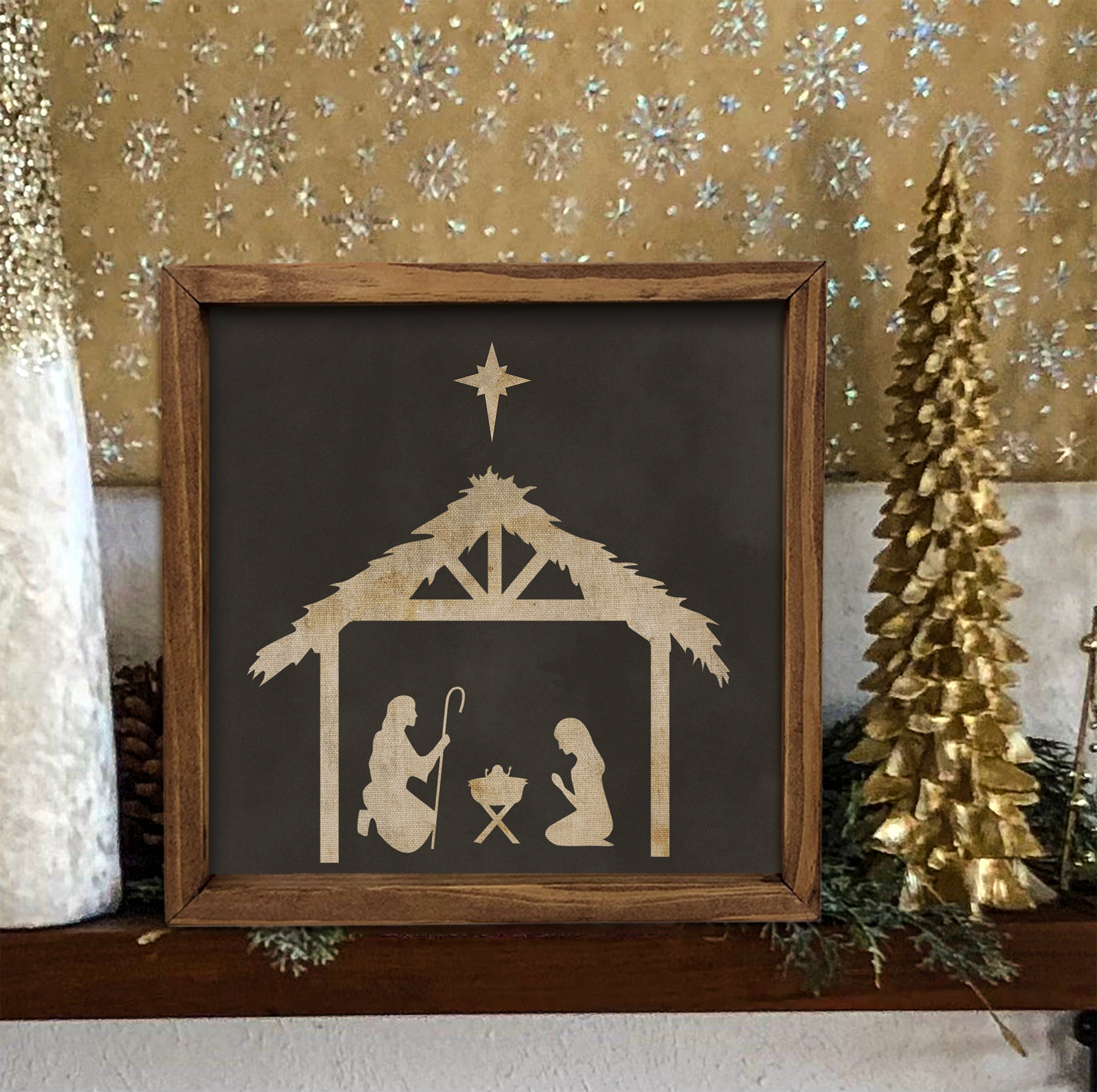 Christmas Nativity Wood Sign, Linen Textured Nativity Canvas Wall Decor ...