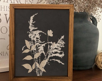 Linen Textured Wildflowers Botanical Wood Framed Canvas Decor, 8x10 Walnut Sign, Beige And Black Wall Decor, Spring Plants Framed Sign
