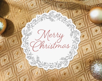 Merry Christmas Vinyl Sticker, Christmas Wreath Decal, Holiday Sticker, Waterproof Sticker, Gift Wrap Sticker