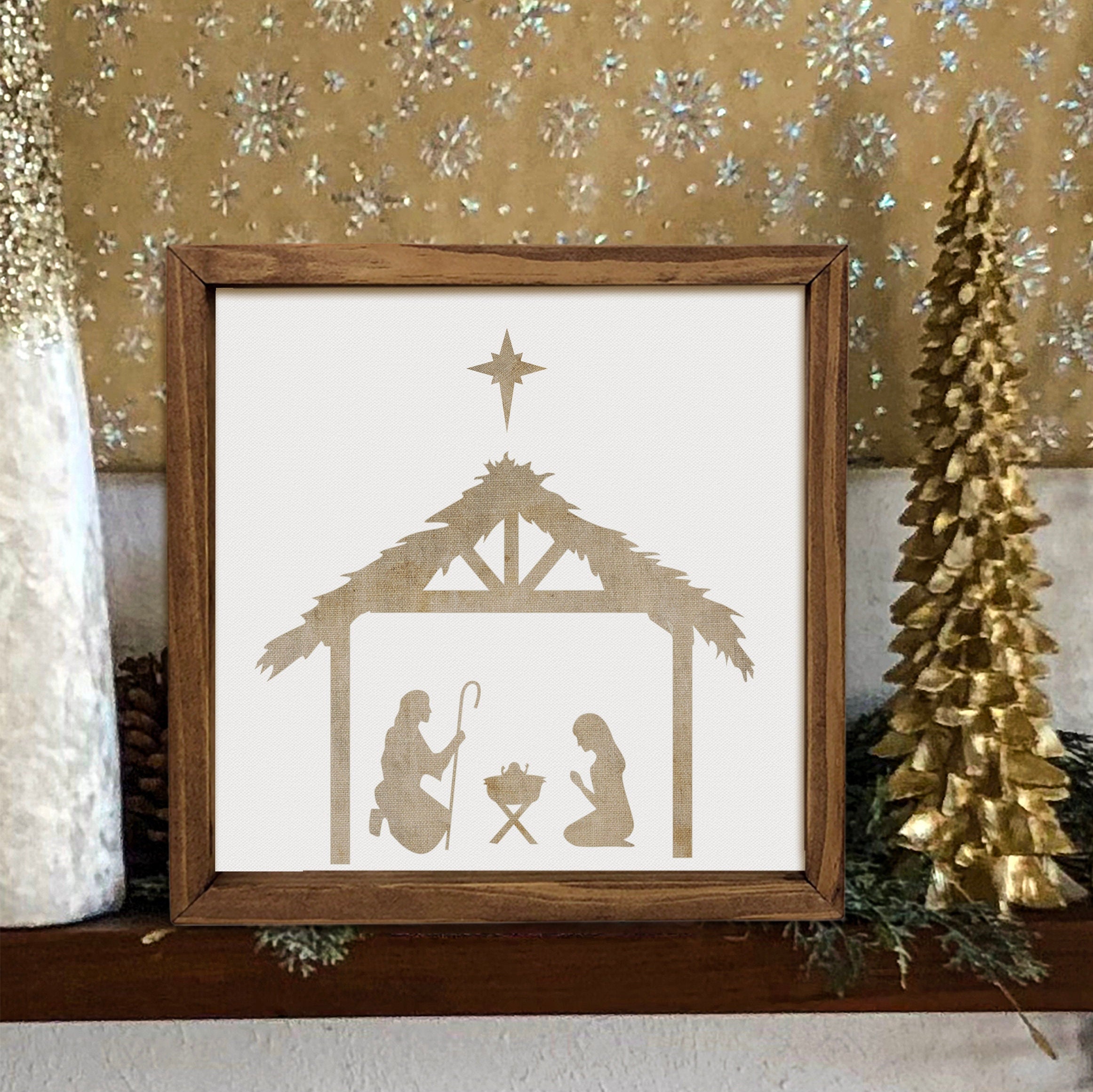 Christmas Nativity Wood Sign, Linen Textured Nativity Canvas Wall Decor ...