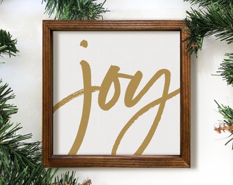 Gold Joy Christmas Wood Sign, Christmas Table Decor, Holiday Joy Wall Sign, 6x6, 8x8, 10x10 Framed Canvas Sign