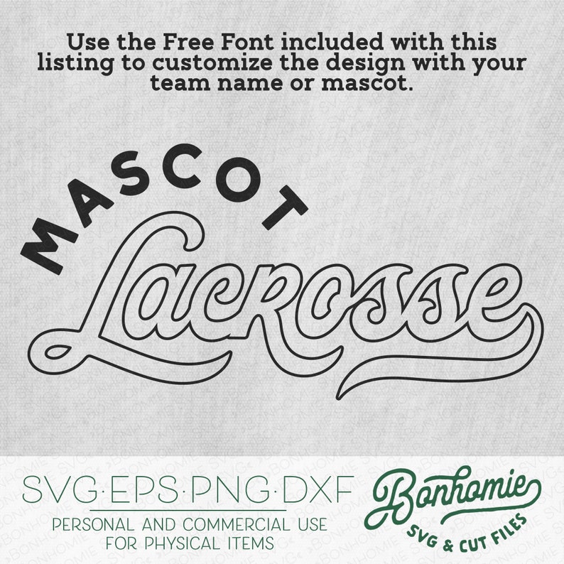 Op de afbeelding: Zwart-wit grafisch ontwerp van het woord "Lacrosse" met het woord "MASCOT" erboven. Het ontwerp is voor persoonlijk en commercieel gebruik voor fysieke items.