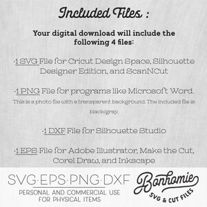 May include: A digital download listing for a set of four files: SVG, PNG, DXF, and EPS. The files are compatible with various design programs, including Cricut Design Space, Silhouette Designer Edition, ScanNCut, Microsoft Word, Silhouette Studio, Adobe Illustrator, Make the Cut, Corel Draw, and Inkscape. The listing states that the files are for personal and commercial use for physical items.