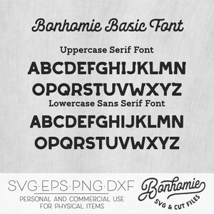 Op de afbeelding: Een digitale download van een lettertype genaamd "Bonhomie Basic Font". Het lettertype bevat hoofdletters met schreef en kleine letters zonder schreef. De afbeelding toont het alfabet in beide stijlen.