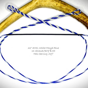 Puede incluir: Una cuerda de arco blanca y azul real con 14 hebras de material BCY B-55. La cuerda de arco mide 62 pulgadas de largo y tiene un servicio halo con un diámetro de 0,019 pulgadas.