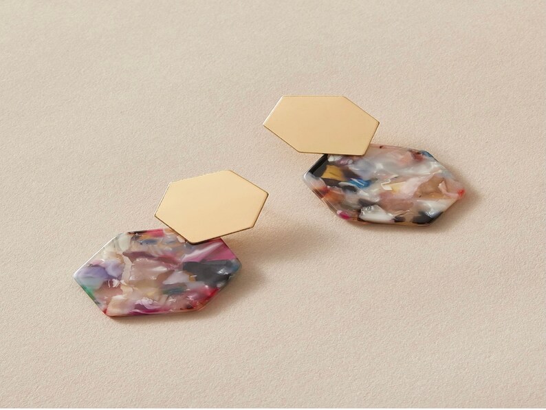 Gifts for Her Multicolored Hexagon Earrings Statement Earrings Gold Earrings
