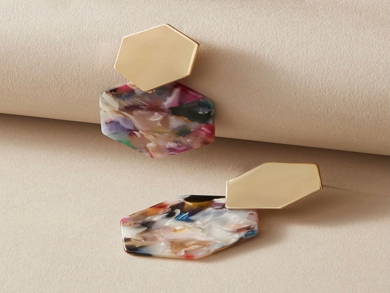 Gifts for Her Multicolored Hexagon Earrings Statement Earrings Gold Earrings