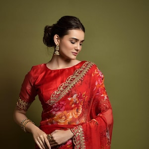 Bollywood designer party wear chiffon georgette Floral printed saree with unstitch blouse piece