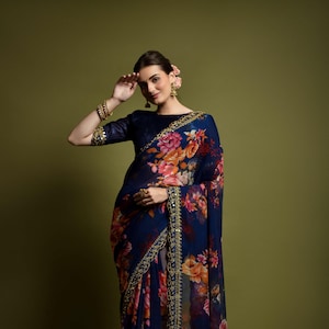 Bollywood designer party wear chiffon georgette Floral printed saree with unstitch blouse piece