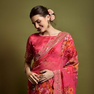 Bollywood designer party wear chiffon georgette Floral printed saree with unstitch blouse piece