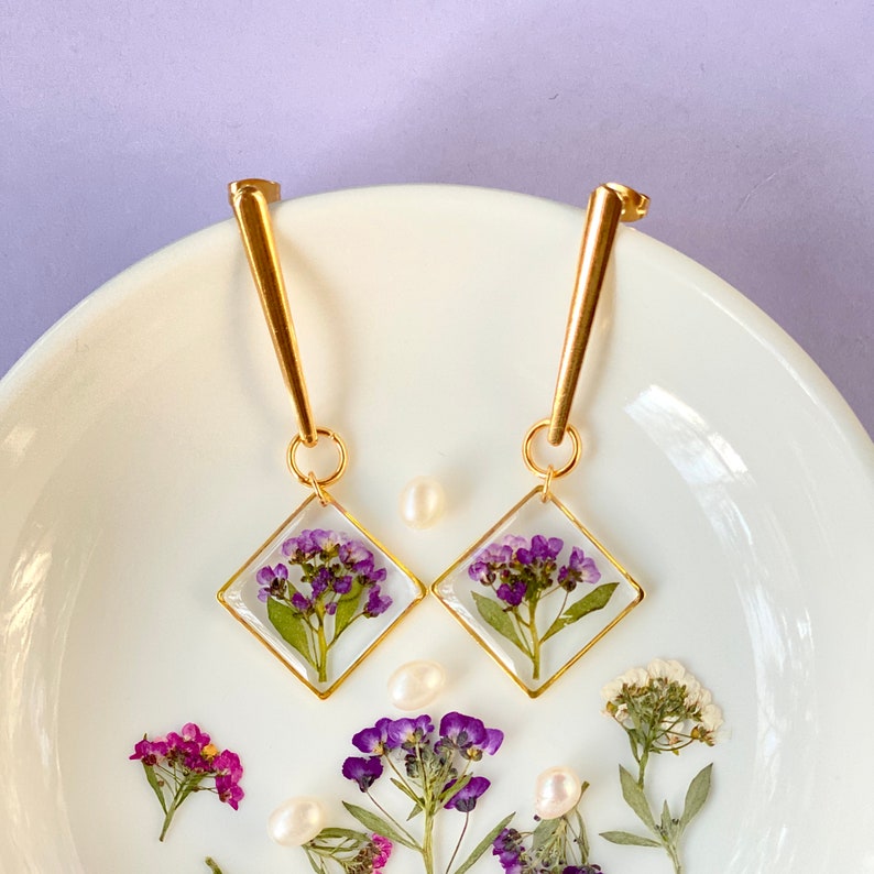Sweet Alyssum earrings Flower earrings Resin flower earrings Pressed flower earrings For her For mom image 1