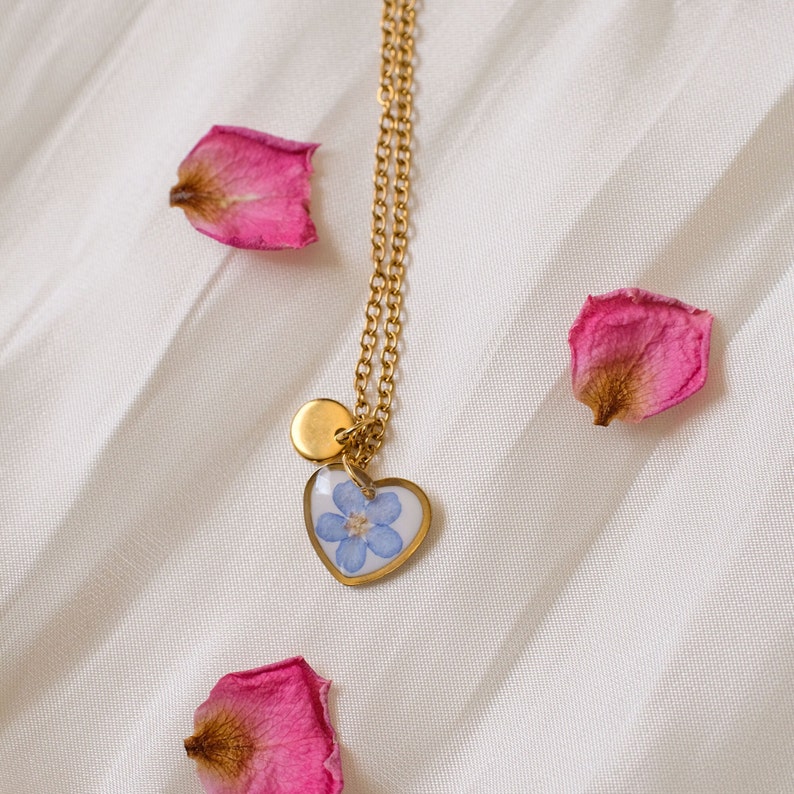 Forget me not tiny heart necklace Pressed Flower necklace Handmade resin flower necklace Valentine gift For her For mom image 1