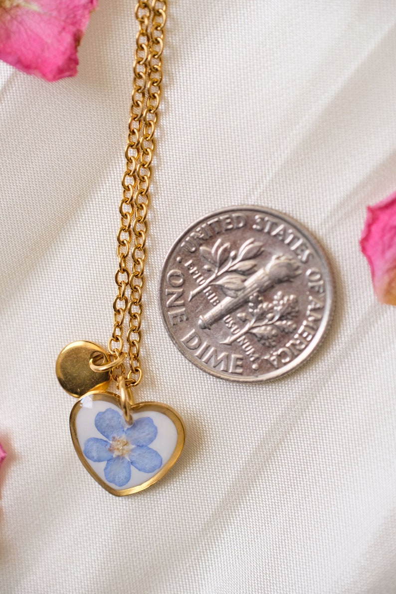 Forget me not tiny heart necklace Pressed Flower necklace Handmade resin flower necklace Valentine gift For her For mom image 4