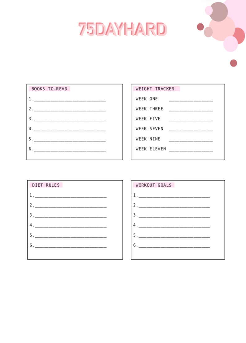 75 Day Hard Challenge Goal And Habit Tracker Printable Instant Download