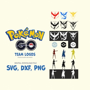 May include: Pokémon Go team logos in color, black and white, and silhouette designs. The logos include the team names: Valor, Mystic, and Instinct. The logos are available as digital download files in SVG, DXF, and PNG formats.
