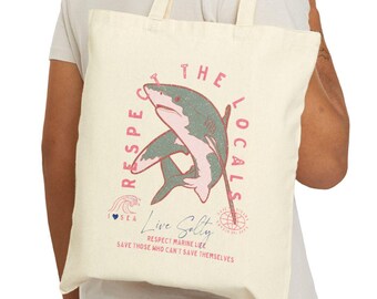 Respect The Locals Shark Tote Bag — Ocean Art Cotton Canvas Beach Bag