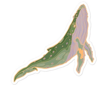 Pode incluir: Um autocolante com uma ilustração estilizada de uma baleia. A baleia é predominantemente verde com detalhes verdes e roxos mais claros, delineados em dourado. O design tem um estilo caprichoso e artístico.
