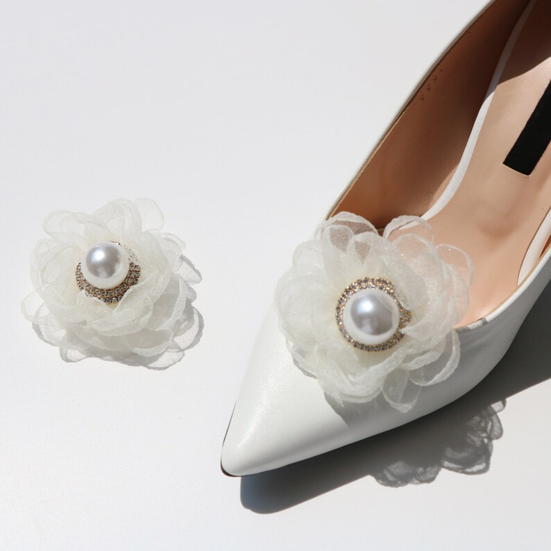 Big Pearl Point Wedding shoe clips Organza shoe clips Bridal Etsy