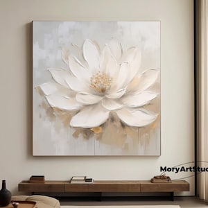 Original White Flower Oil Painting On Canvas,Abstract Texture Floral Art, Large Custom Painting,Boho Wall Decor,Minimalist Living Room Decor