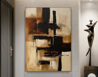 Pintura a óleo abstrata Wabi-Sabi marrom, decoração de parede minimalista medieval marrom, arte de parede feita à mão em tela marrom e preta, arte de parede contemporânea, presente