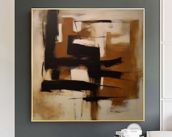 Black And Brown Abstract Oil Painting On Canvas Modern Beige Minimalist Wall Art For Home Decor Original Black Textured Painting Office Art