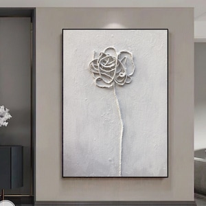 Large White 3D Textured Rose Painting Rose Minimalist Wall Art White Flower Painting Modern Floral Landscape Art White Painting Office Art