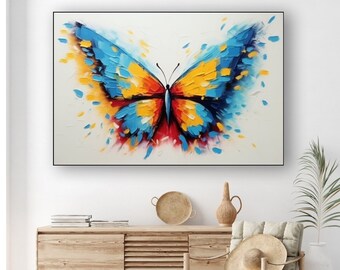 May include: A colorful abstract painting of a butterfly with blue, yellow, and red wings. The butterfly is painted in a stylized, impressionistic style with visible brushstrokes.