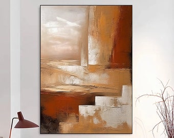 Grande pintura de textura branca marrom arte contemporânea original abstrata laranja pintura feita à mão moderna marrom arte de parede decoração de parede de sala de estar
