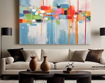Vibrant Colorful Palette Knife Abstract Oil Painting, Large Blue Textured Impasto Wall Art, Boho Living Room Decor