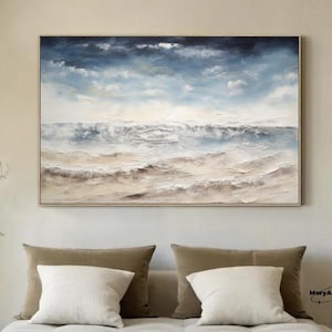 Large Blue Sea Painting on Canvas Horizontal 3D Textured Wall Art Ocean Beach Painting 3D Wave Wall Painting Coastal Beach Wall Decor Gift