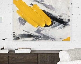 Large Original Yellow Abstract Painting Modern Minimalist Wall Art White Black Painting Abstract Textured Painting On Canvas Living Room Art